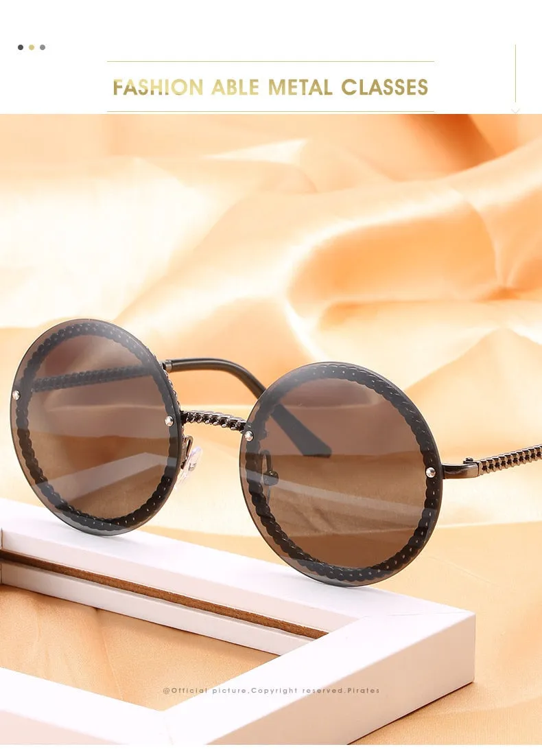 Women's Luxury Round Designer Rimless Sunglasses with Pearl Chain
