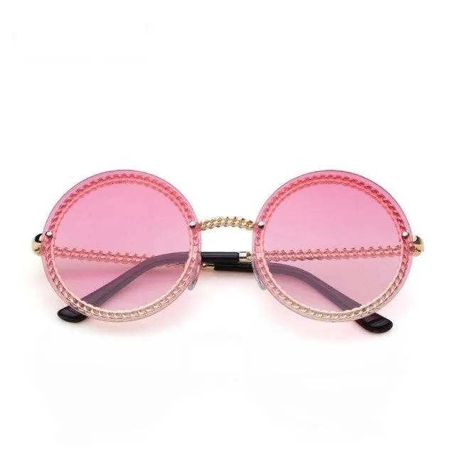 Women's Luxury Round Designer Rimless Sunglasses with Pearl Chain