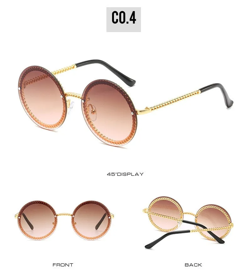 Women's Luxury Round Designer Rimless Sunglasses with Pearl Chain