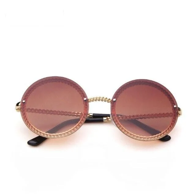 Women's Luxury Round Designer Rimless Sunglasses with Pearl Chain