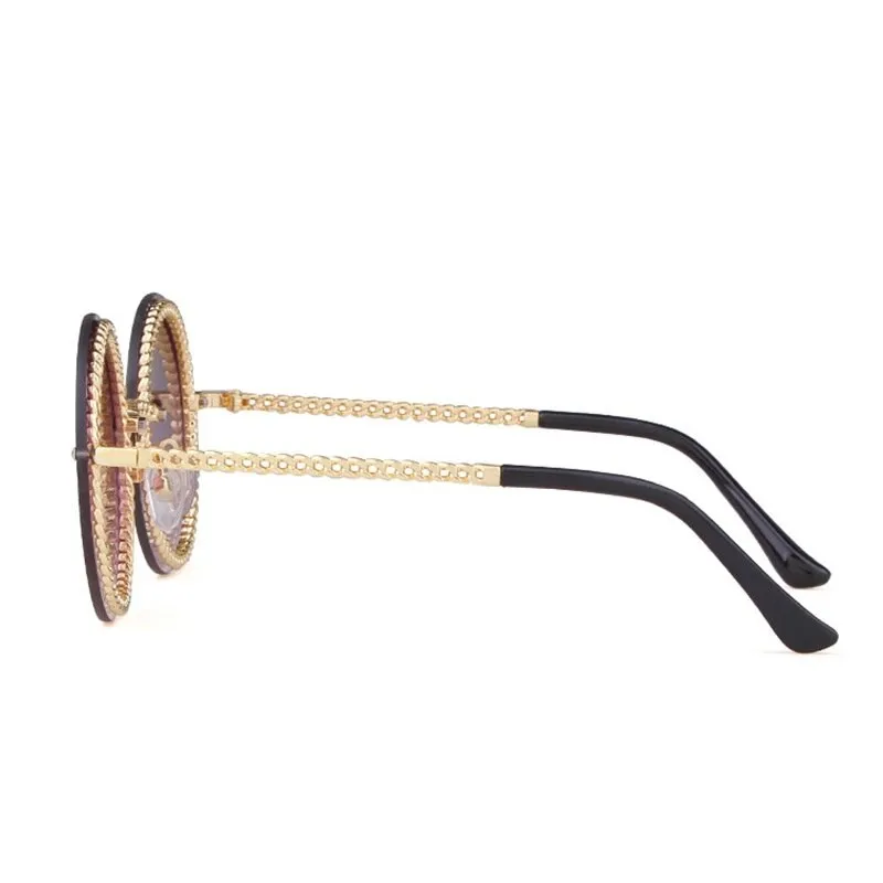 Women's Luxury Round Designer Rimless Sunglasses with Pearl Chain