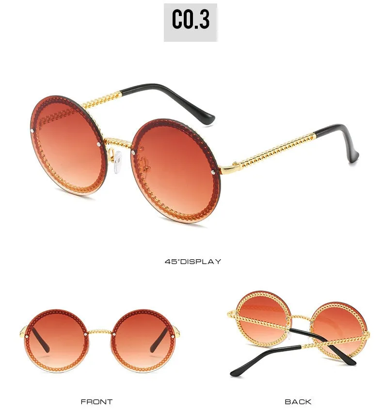 Women's Luxury Round Designer Rimless Sunglasses with Pearl Chain