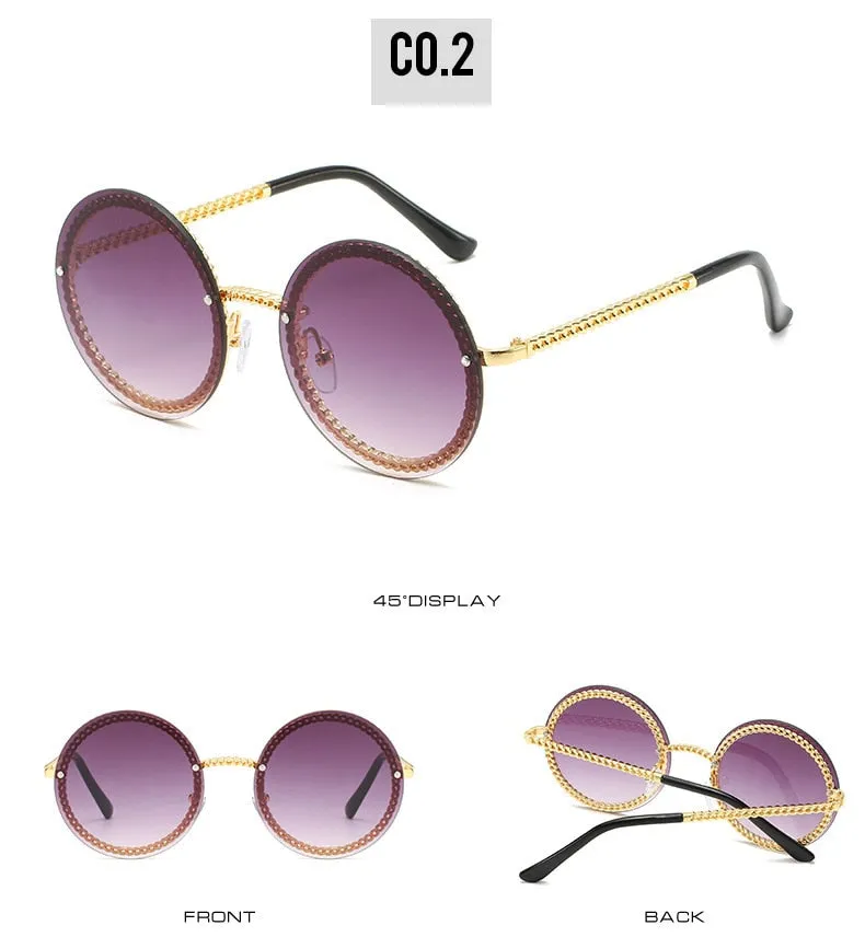 Women's Luxury Round Designer Rimless Sunglasses with Pearl Chain