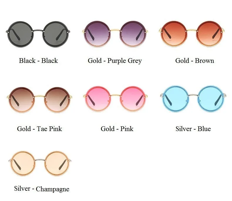 Women's Luxury Round Designer Rimless Sunglasses with Pearl Chain