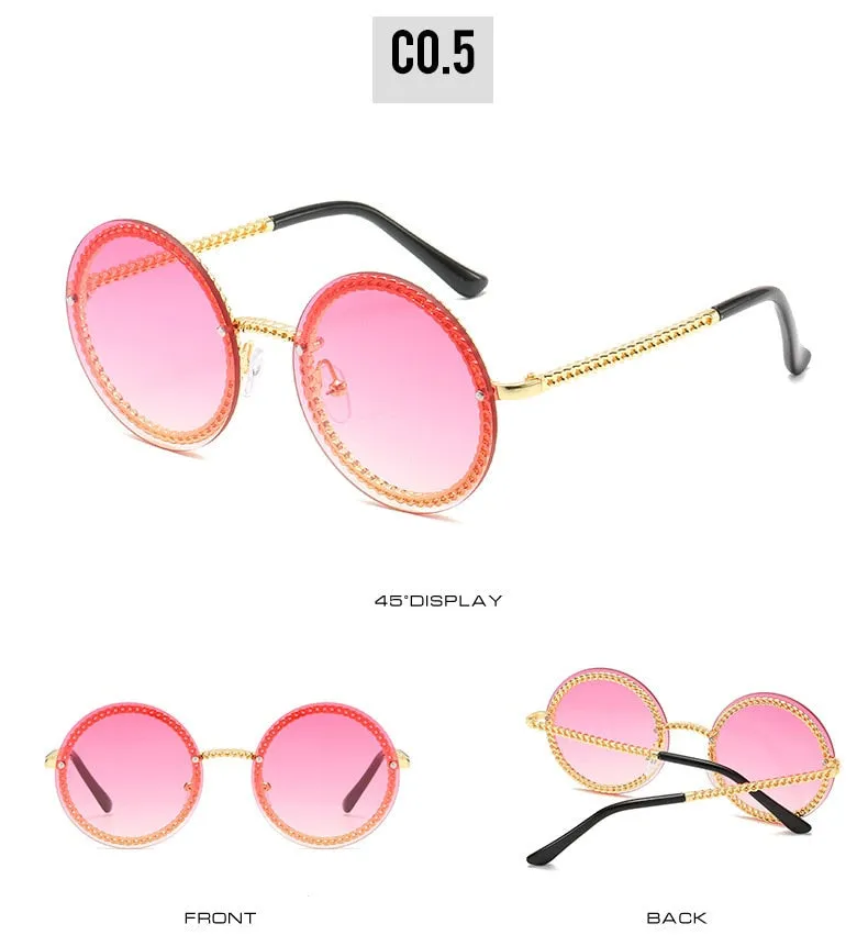 Women's Luxury Round Designer Rimless Sunglasses with Pearl Chain
