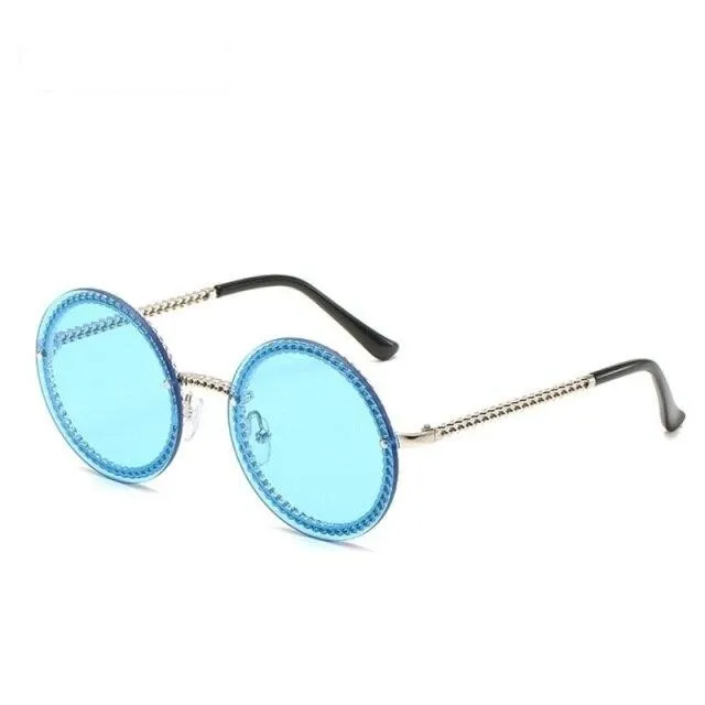 Women's Luxury Round Designer Rimless Sunglasses with Pearl Chain
