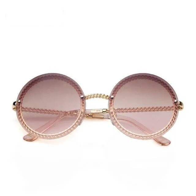 Women's Luxury Round Designer Rimless Sunglasses with Pearl Chain