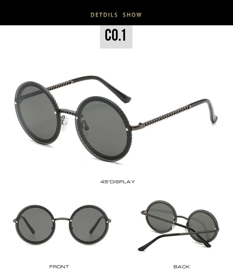 Women's Luxury Round Designer Rimless Sunglasses with Pearl Chain