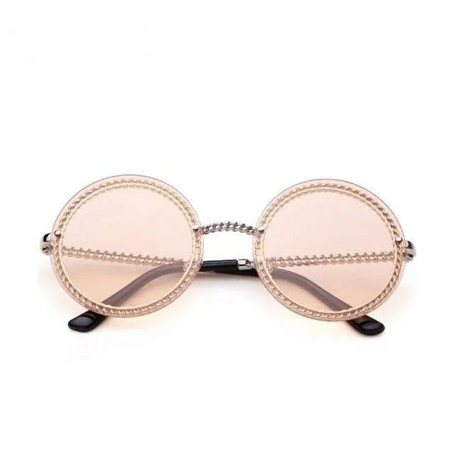 Women's Luxury Round Designer Rimless Sunglasses with Pearl Chain