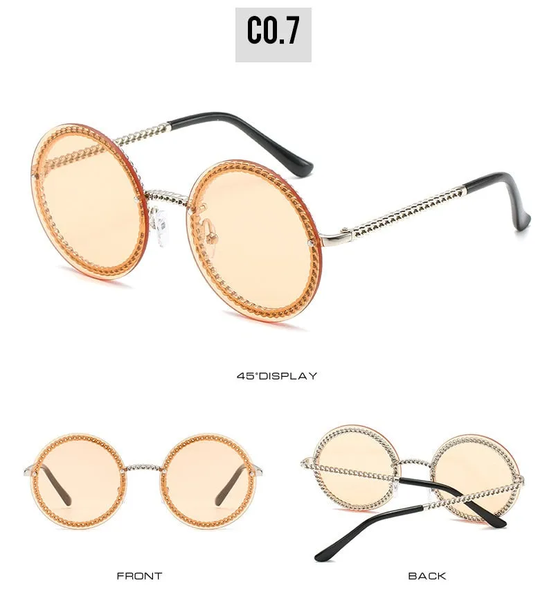 Women's Luxury Round Designer Rimless Sunglasses with Pearl Chain