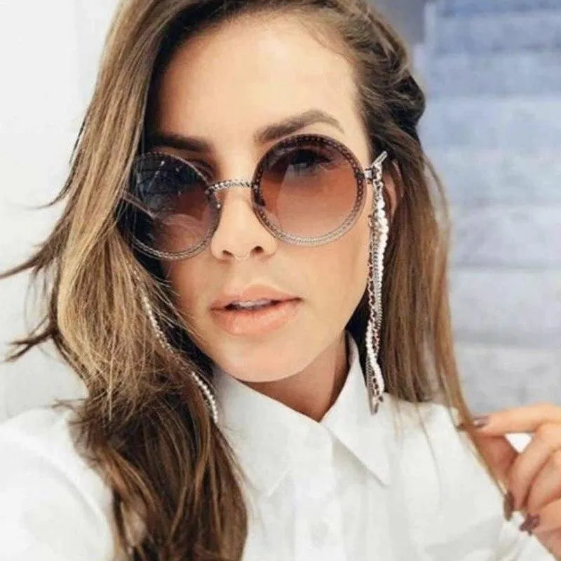 Women's Luxury Round Designer Rimless Sunglasses with Pearl Chain