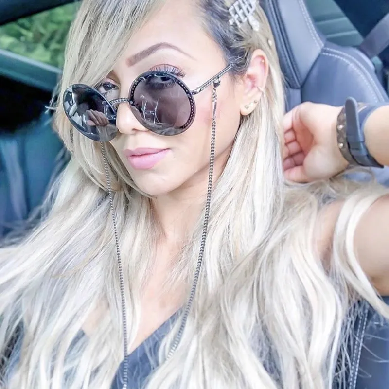 Women's Luxury Round Designer Rimless Sunglasses with Pearl Chain