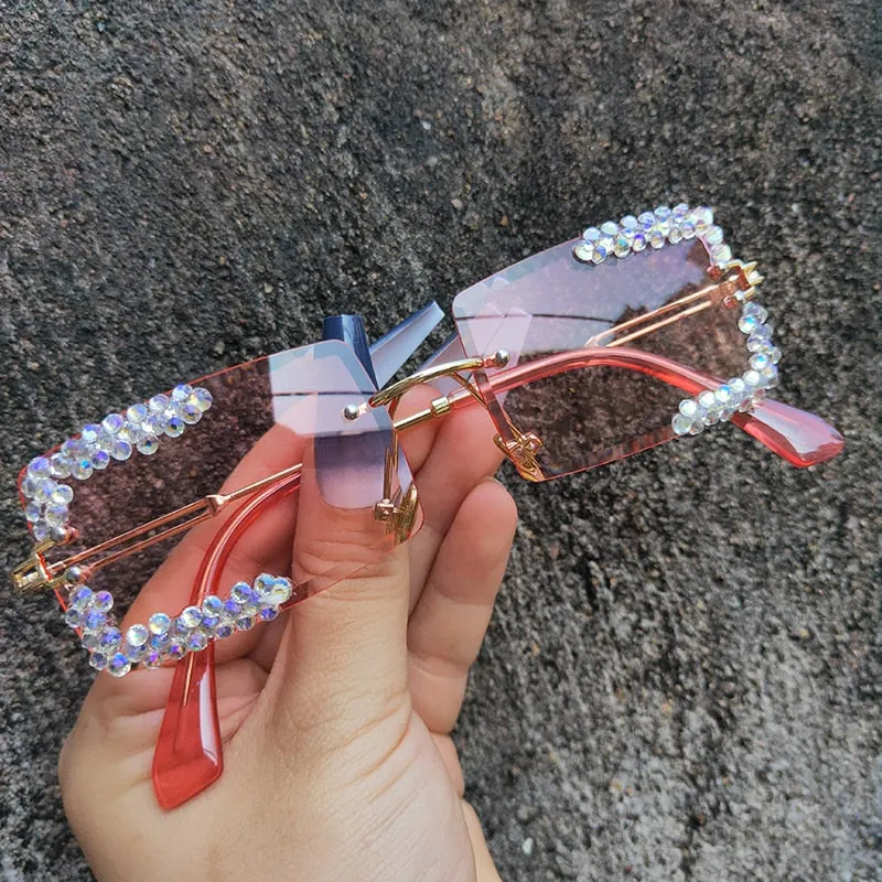 Women's Vintage Square Rimless Cooling Luxury Diamond Sunglasses