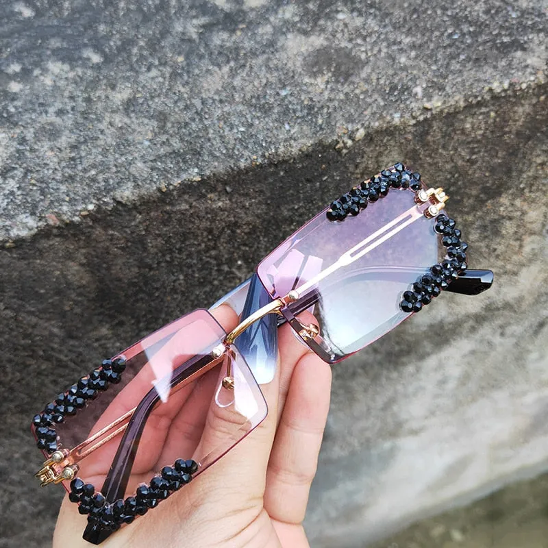 Women's Vintage Square Rimless Cooling Luxury Diamond Sunglasses