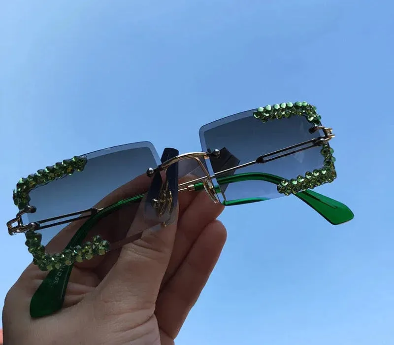 Women's Vintage Square Rimless Cooling Luxury Diamond Sunglasses