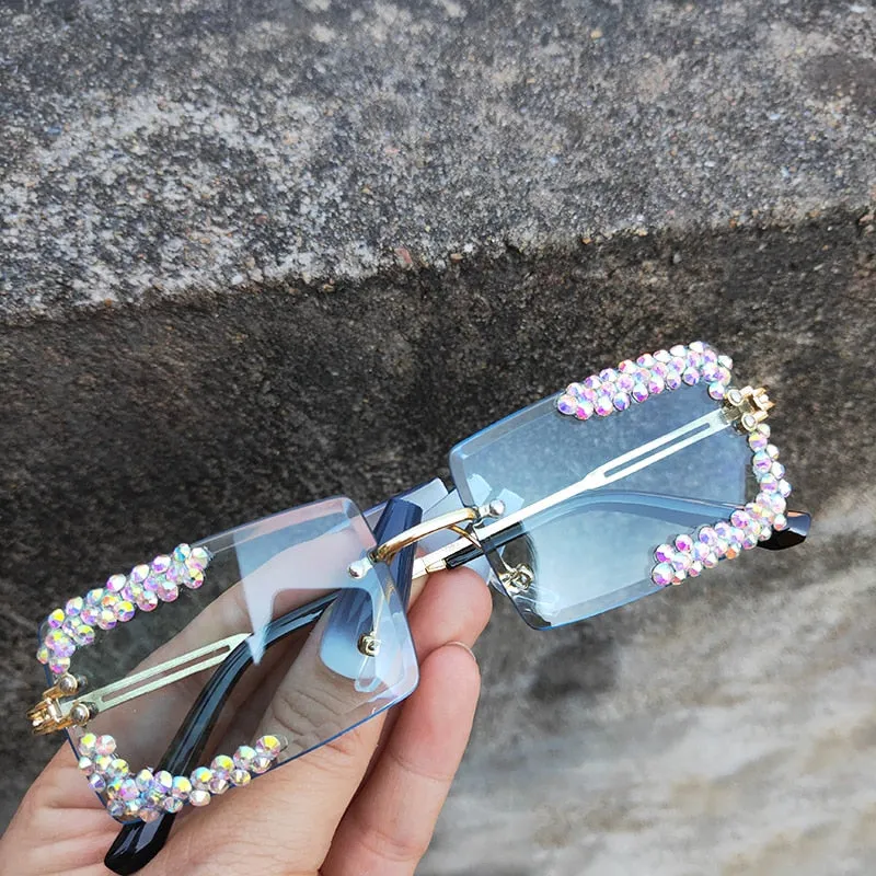 Women's Vintage Square Rimless Cooling Luxury Diamond Sunglasses