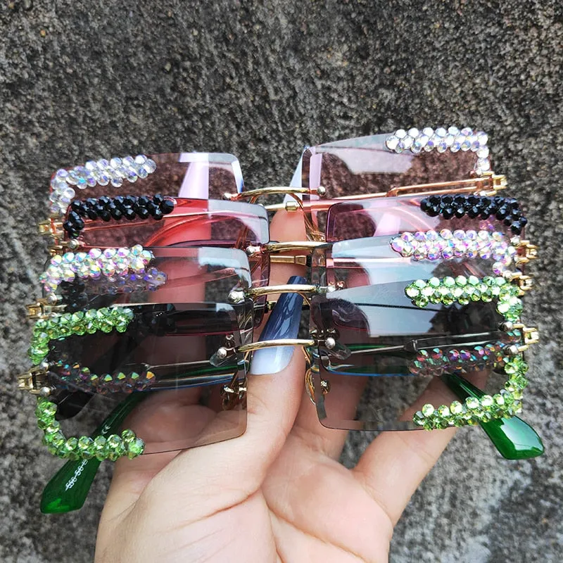 Women's Vintage Square Rimless Cooling Luxury Diamond Sunglasses