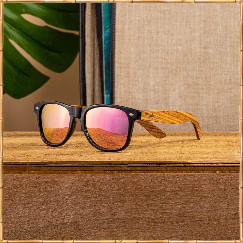 Zebra Wood Sunglasses with Pink Mirror Polarized Lens