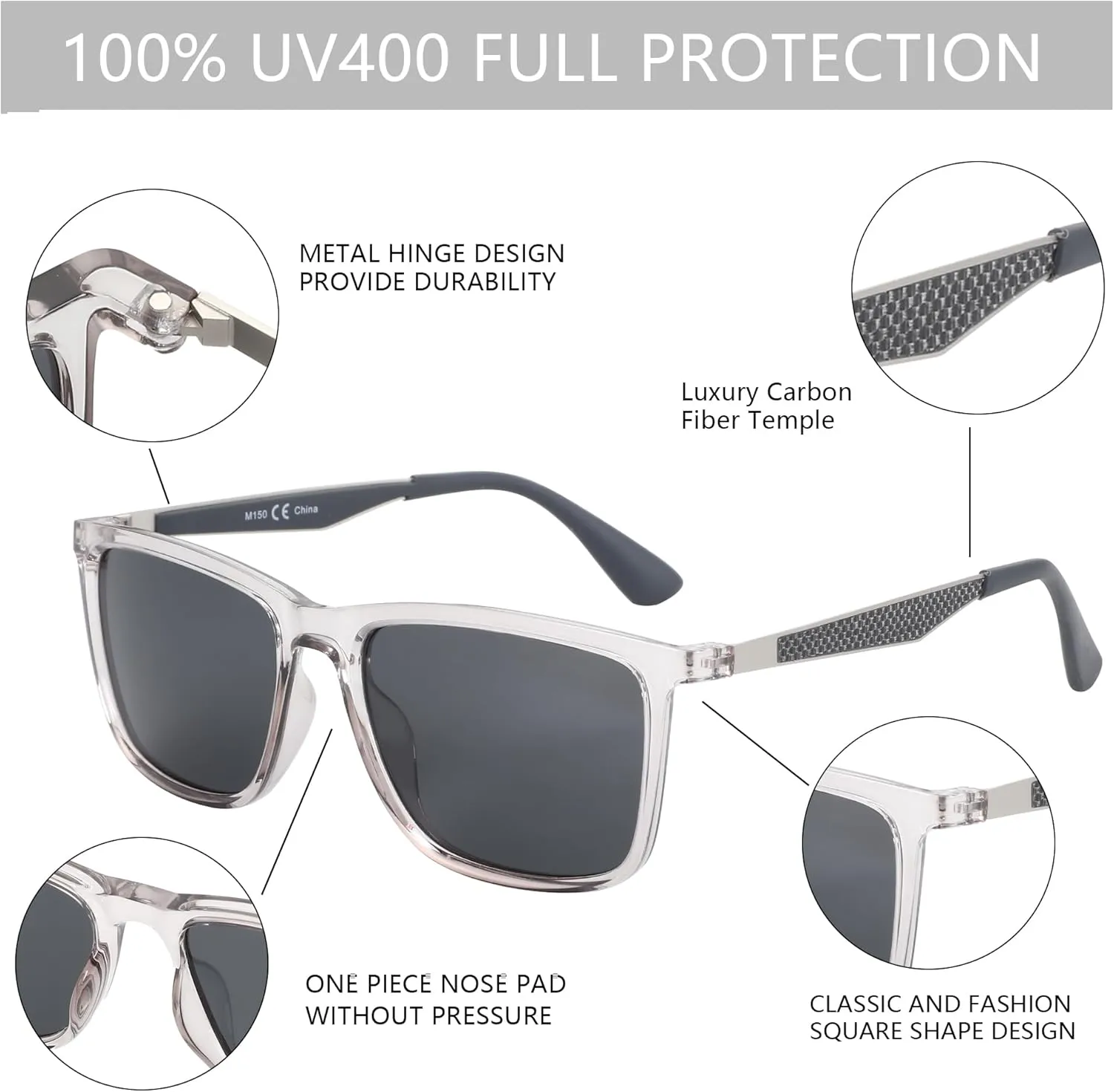 ZENOTTIC Polarized Sunglasses for Men Rectangle Ultralight Carbon Fiber Frame UV400 Protection Classic Sun Glasses